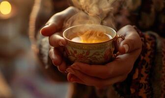 Hands holding a cup of steaming tea, close up view photo