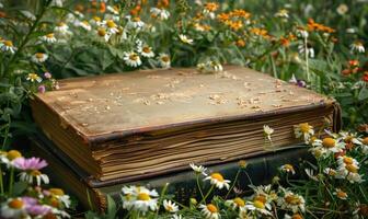Vintage book surrounded by wildflowers photo