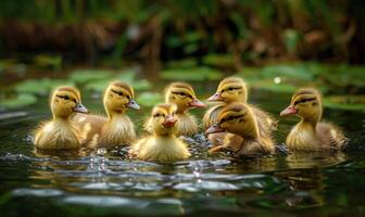 Ducklings swimming in a pond, close up view photo