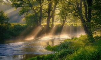 Sunlight filtering through the trees onto a serene spring river photo