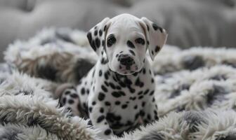 Cute Dalmatian puppy with black spots sitting on a fluffy blanket photo