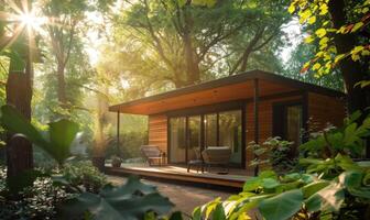 Sunlight filtering through lush foliage onto the exterior of a modern wooden cabin in a tranquil spring garden photo