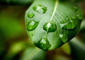 green leaf with water drops close up photo