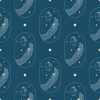 Crystal magic minimalistic seamless pattern. Creative abstract artwork. Modern illustration. Transparent line art gem with stars. Minimalistic sticker design for web. vector
