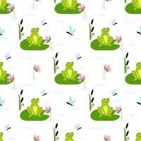 Seamless pattern with cute frog and dragonfly, lilies and reeds on the pond. Print for children textile, pack, fabric, wallpaper, wrapping. vector