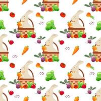 Bright seamless pattern with vegetables as carrot, broccoli, onion, apple, beet, tomato and cute bunny in a basket. vector