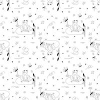 Seamless pattern with cute frog and dragonfly, lilies and reeds on the pond in graphic style. vector