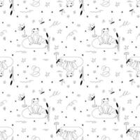Seamless pattern with cute frog and dragonfly, lilies and reeds on the pond in graphic style. vector