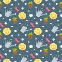 Seamless with garden tools pattern, watering can, pot with plant, gloves, straw hat and daisies. vector
