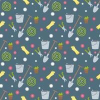 Seamless pattern with garden tools pattern, bucket, shovel, pot with plant, watering hose, gloves, trimmer and daisies. vector