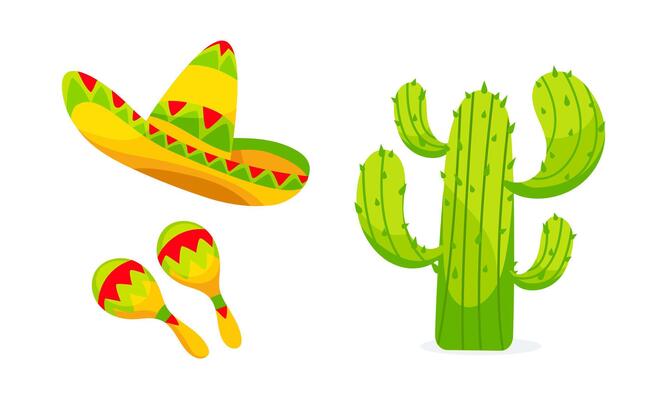 Set of cactus, sombrero and maracas elements in cartoon style.