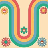 Groovy background with daisy flowers and rainbow. 70 s Hippie retro style. illustration vector