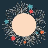 trendy template with outline flowers, plants, tropical elements on blue background vector