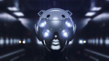 The robot appears in close-up from the shadows watching what is happening in the room video