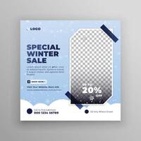 Set of abstract winter sale social media stories square templates. Cyan and white color winter banners. Use for event invitation, discount voucher, ad. vector