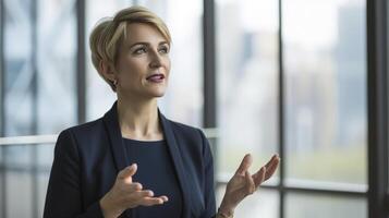 AI generated A middle-aged Caucasian woman with short blonde hair and blue eyes, wearing a business suit, is giving a presentation in a modern office building in New York City photo