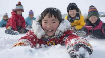 ai generado un grupo de inuit niños son jugando un tradicional juego en el nieve en nunavut, Canadá foto