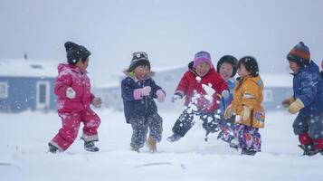 ai generado un grupo de inuit niños son jugando un tradicional juego en el nieve en nunavut, Canadá foto