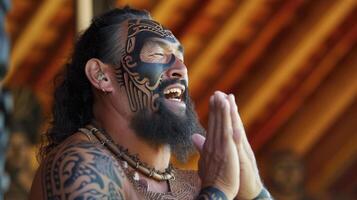 ai generado un maorí hombre con tradicional facial tatuajes es ejecutando un haka en un marae en nuevo Zelanda foto