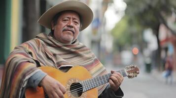 ai generado un de edad mediana hombre desde sur America, con un poncho y un sombrero, es jugando un guitarra en un calle en mexico ciudad foto