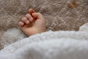 A right hand of sleeping asian baby on the carpet photo