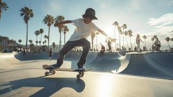 ai generado un Adolescente chico desde norte America, con un béisbol gorra y un patineta, es practicando trucos en un patinar parque en los angeles foto