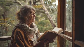 ai generado un de edad mediana mujer desde Oceanía, con un pensativo expresión y un novedoso, es escritura un libro en un cabina en el bosque en tasmania, Australia foto