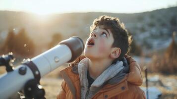 AI generated A teenage boy from Europe, with a surprised expression and a telescope, is discovering a new star from his backyard in Athens, Greece photo