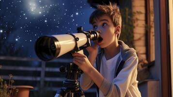 AI generated A teenage boy from Europe, with a surprised expression and a telescope, is discovering a new star from his backyard in Athens, Greece photo