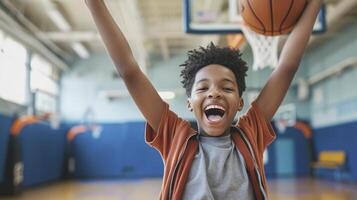 AI generated A teenage boy from North America, with an excited expression and a basketball, is celebrating a winning shot in a school in Chicago, USA photo