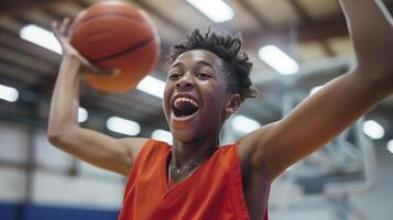 ai generado un Adolescente chico desde norte America, con un emocionado expresión y un baloncesto, es celebrando un victorioso Disparo en un colegio en chicago, Estados Unidos foto