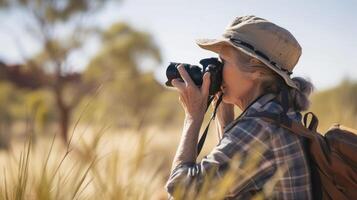 AI generated A middle-aged woman from Oceania, with a thoughtful expression and a camera, is photographing wildlife in the Outback of Australia photo