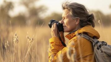 AI generated A middle-aged woman from Oceania, with a thoughtful expression and a camera, is photographing wildlife in the Outback of Australia photo