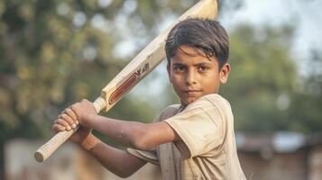 ai generado un Adolescente chico desde sur Asia, con un determinado expresión y un Grillo murciélago, es practicando su columpio en un campo en lahore, Pakistán foto