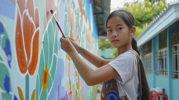 ai generado un Adolescente niña desde Sureste Asia, con un enfocado expresión y un Cepillo de pintura, es pintura un mural en un colegio en bangkok, Tailandia foto