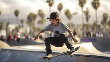 ai generado un Adolescente chico desde norte America, con un béisbol gorra y un patineta, es practicando trucos en un patinar parque en los angeles foto