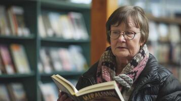 ai generado un de edad mediana mujer desde Oceanía, con un pensativo expresión y un libro, es leyendo en un biblioteca en Wellington, nuevo Zelanda foto