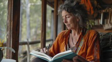 ai generado un de edad mediana mujer desde Oceanía, con un pensativo expresión y un novedoso, es escritura un libro en un cabina en el bosque en tasmania, Australia foto