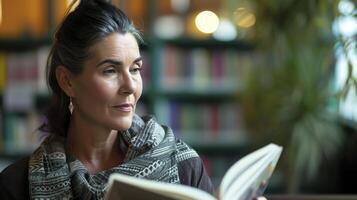 ai generado un de edad mediana mujer desde Oceanía, con un pensativo expresión y un libro, es leyendo en un biblioteca en Wellington, nuevo Zelanda foto