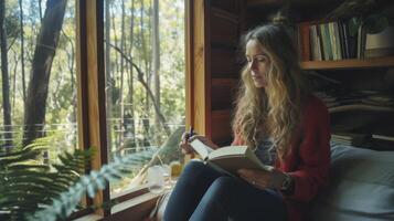 ai generado un de edad mediana mujer desde Oceanía, con un pensativo expresión y un novedoso, es escritura un libro en un cabina en el bosque en tasmania, Australia foto