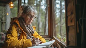 ai generado un de edad mediana mujer desde Oceanía, con un pensativo expresión y un novedoso, es escritura un libro en un cabina en el bosque en tasmania, Australia foto