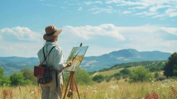 AI generated A middle-aged woman from Western Europe, with a beret and a paintbrush, is painting a landscape in a field in Provence, France photo