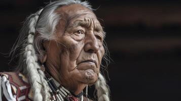 AI generated A Native American elder, with long white braids and a weathered face, is performing a traditional dance at a powwow in Arizona, photo