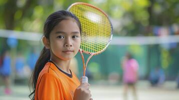 ai generado un Adolescente niña desde Sureste Asia, con un enfocado expresión y un bádminton raqueta, es jugando en un torneo en Jacarta, Indonesia foto