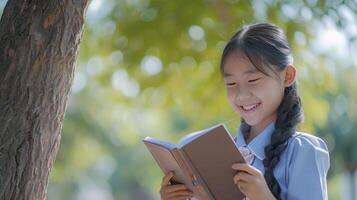 AI generated A teenage girl from Southeast Asia, with a bright smile and school uniform, is reading a book under a tree in Vietnam, photo