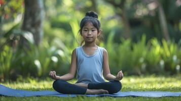 ai generado un Adolescente niña desde Sureste Asia, con un enfocado expresión y un yoga estera, es practicando yoga en un parque en bali, Indonesia foto