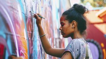 ai generado un joven aborigen australiano mujer es pintura un mural en un pared en Sydney foto