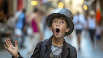 AI generated A teenage boy from Europe, with a surprised expression and a magic trick, is performing in a street in Barcelona, Spain photo