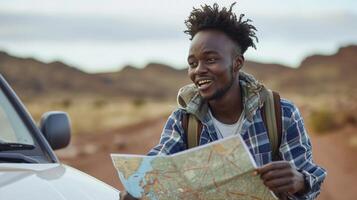 ai generado un joven africano hombre, con un Mira de emoción y un mapa, es planificación un la carretera viaje a través de Namibia foto