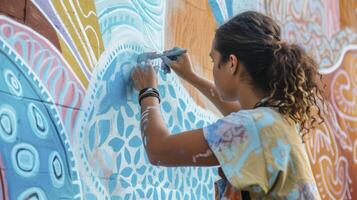 ai generado un joven aborigen australiano mujer es pintura un mural en un pared en Sydney foto